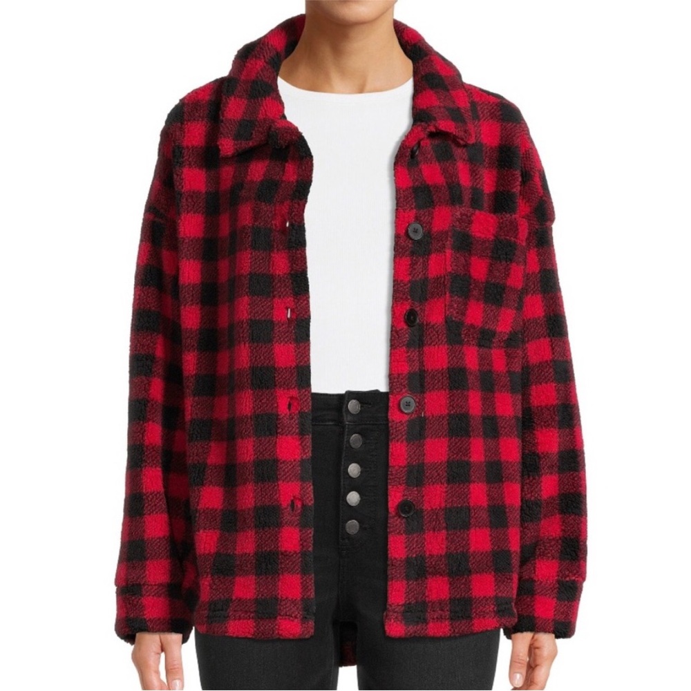 Time And Tru Black And Red Buffalo Plaid Sherpa Shacket NWT Women’s Size Large